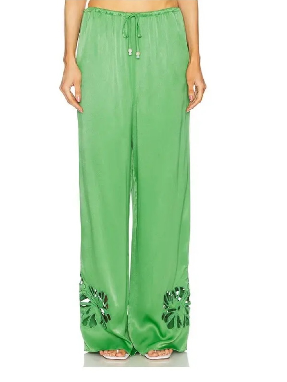 Roame Thick Satin Wide Leg Eyelet Cut Out Miles Pants in Ivy Green
